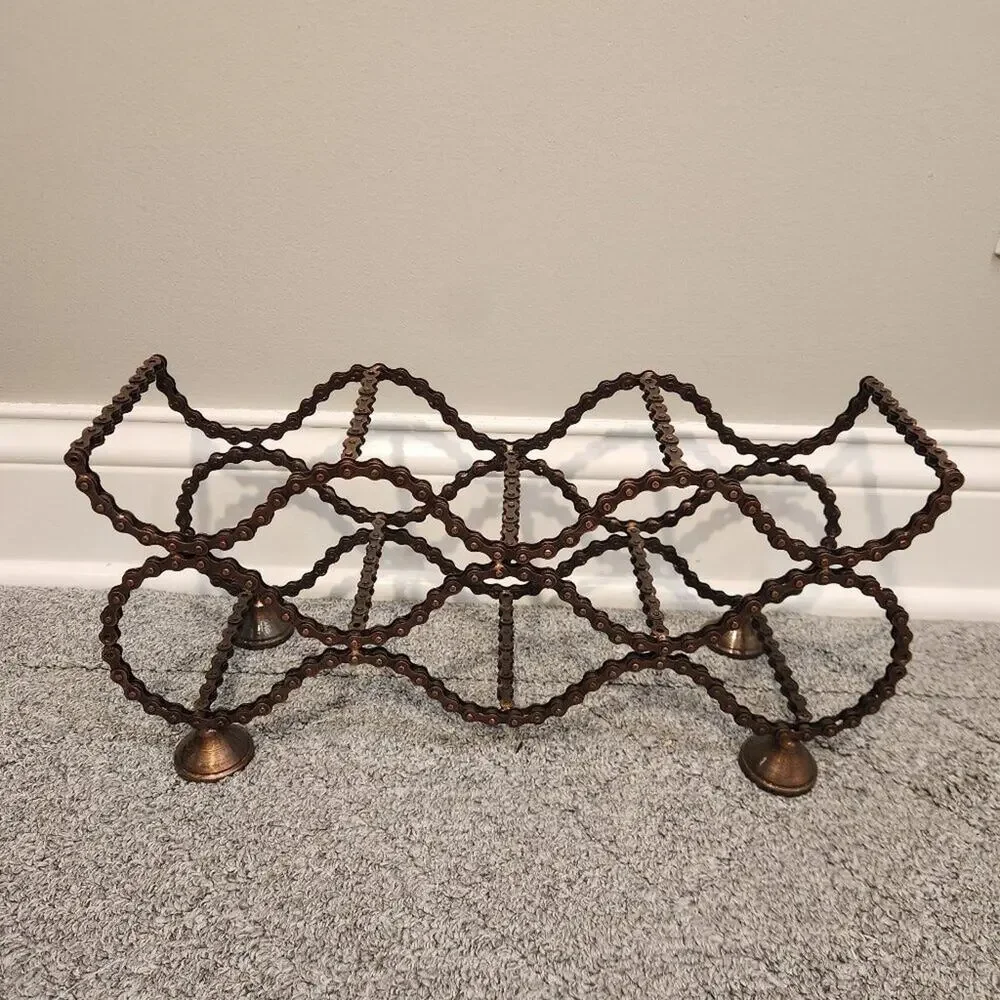 Upcycled Bicycle Chain Wine Rack Copper Metallic Finish Industrial Folk Art